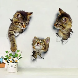 Pegatina de pared de gatos 3D con vista de agujero, decoración para sala de estar y baño, decoración del hogar, calcomanías de vinilo de animales, póster artístico, pegatinas bonitas para inodoro