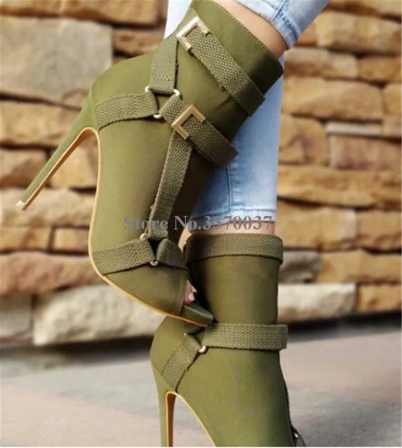 New Design Women Fashion Peep Toe Suede Leather Stiletto Heel Short Boots Buckles Strap Black Army Green High Heel Ankle Booties