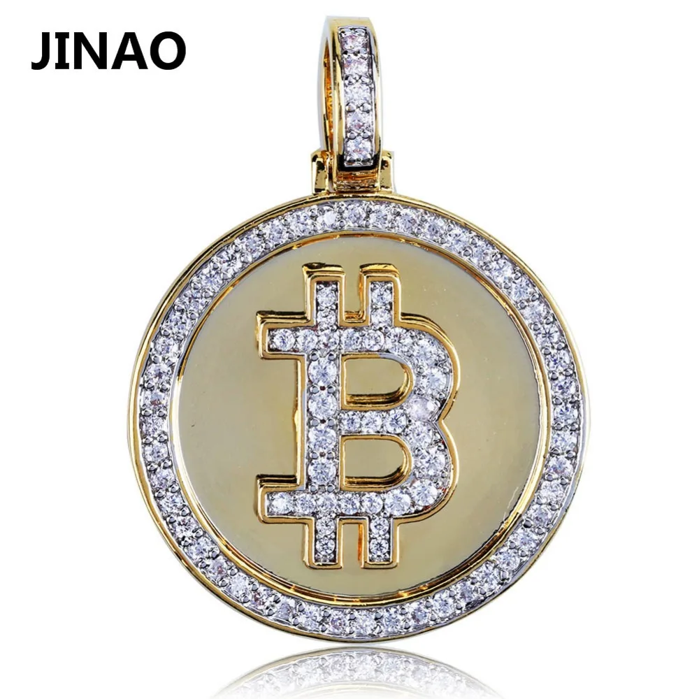 JINAO Hip Hop Iced Out Gold Color Plated Bitcoin Pendant Necklace Micro Pave Zircon With 60cm Rope Chain or Cuban Chain