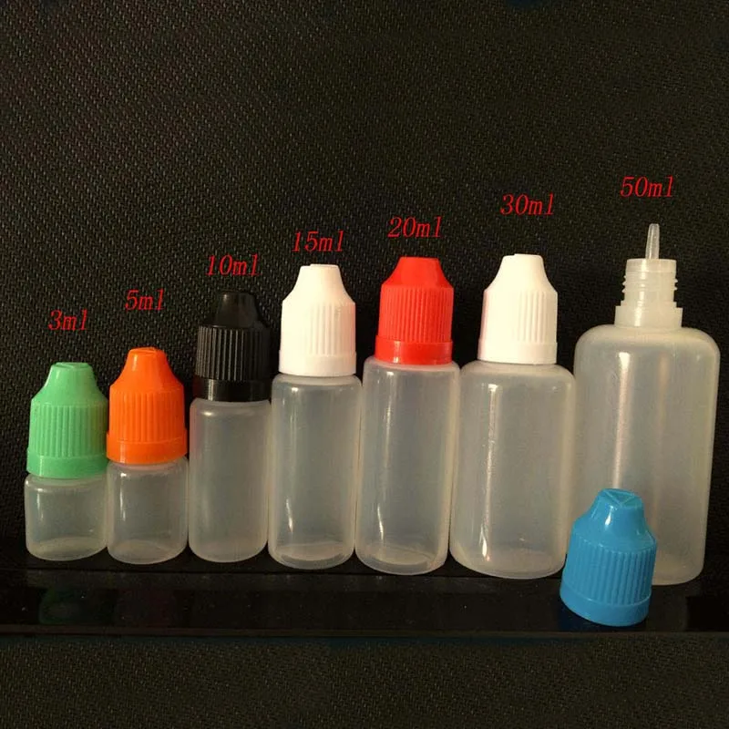 2500pcs empty E Liquid Bottle Squeezable Plastic PE 20ml E-Cig Dropper Bottle with colours Childproof Cap and long thin tip