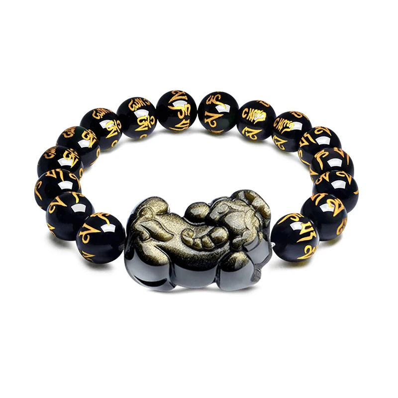 

Natural Stone Bracelet Jewelry Six-Word Rumor Beads with Gold Obsidian Wealth Pixiu Pendant Stretch Bracelet For Couple Bracelet