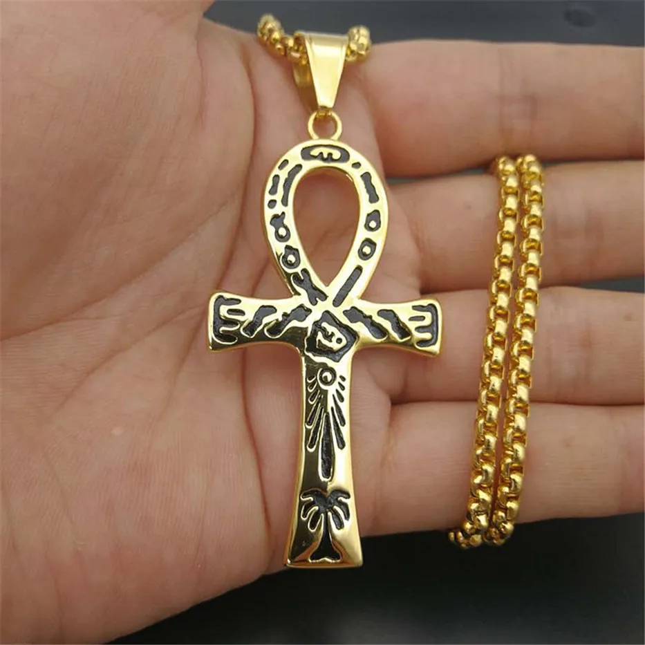 Egyptian Ankh Cross Charm Pendant Necklace For Men The Key of the Nile Gold Color Stainless Steel Egypt Jewelry