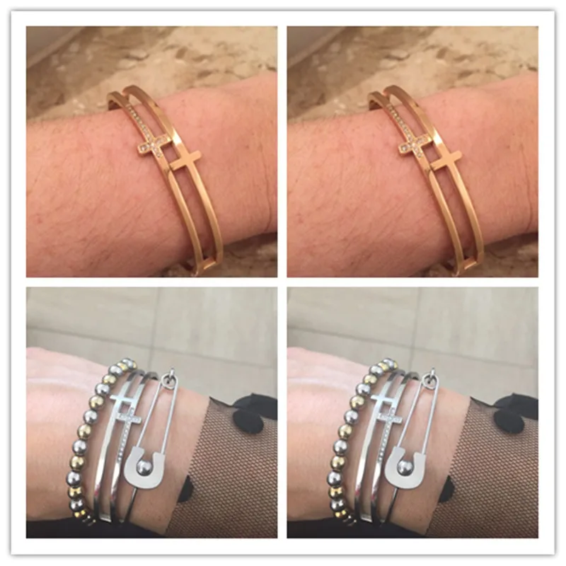 Double Cross Punk Bracelet Women Fashion Brand Jewelry Stainless Steel Bracelets & Bangles Cuff Pave Setting Crystal Bracelet