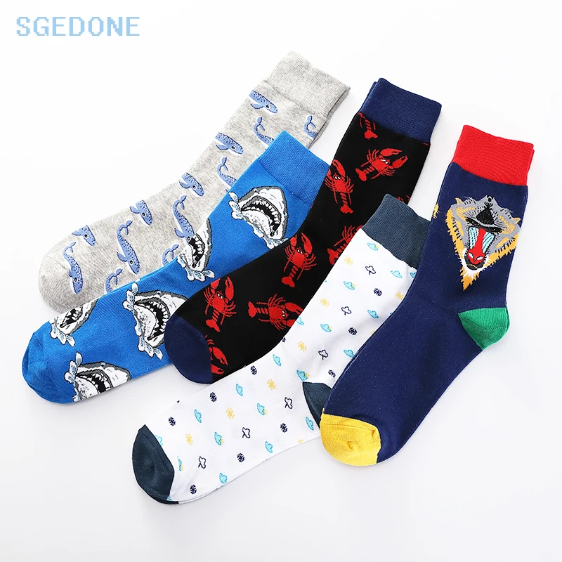 SGEDONE  New Men Women Happy Socks Shark socks Catoon Pattern Hip Hop Street Wear kanye west ins casual crew socks