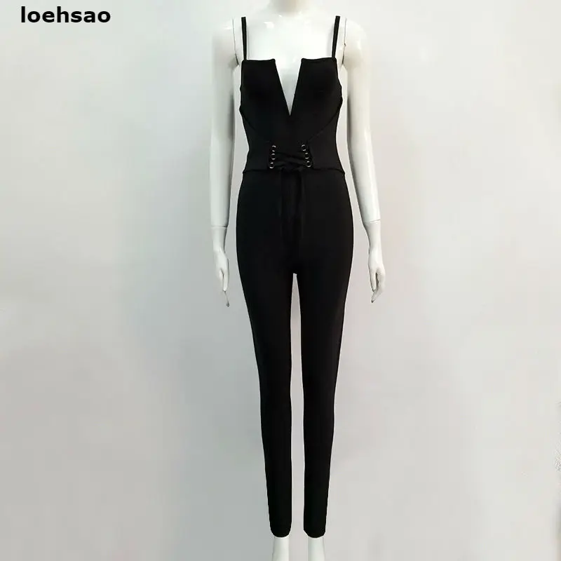 

Newest Sexy Women Bandage Jumpsuits Black White Slim Rayon Knitted V-Neck Strap Evening Club Bodycon Bandage Playsuit