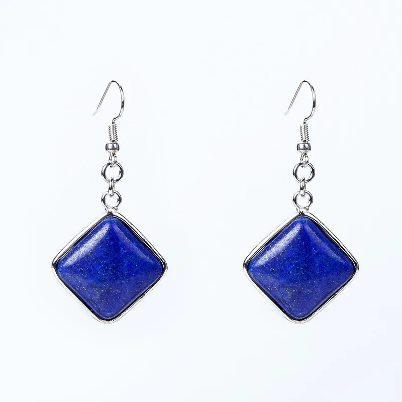 New Natural Stone Rhombus Pendant Earring Girl Women Fashion Jewelry Square Geometry Lapis Lazuli Pink Crystal Dangle Earrings