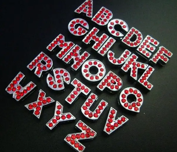 

10PC/lot Hole 8MM Red Rhinestones Bling Slide Letter A--Z English Alphabet Fit For DIY Keychains 8mm Charm Bracelet