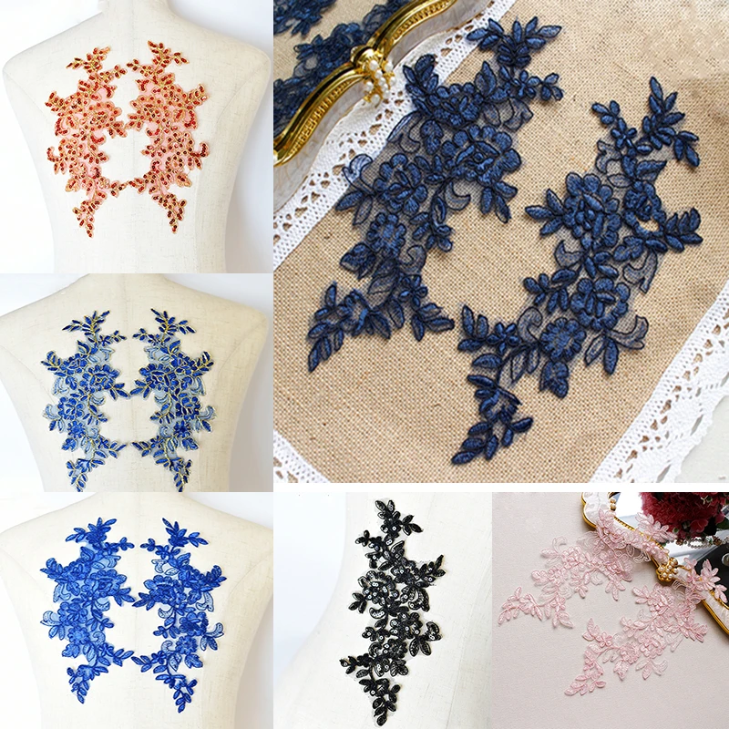 

5Pairs=10Pcs 27*12CM Off-White Red Black Navy Pink Embroidered Lace Applique Sewing Patch For Wedding Costume Dress Decor