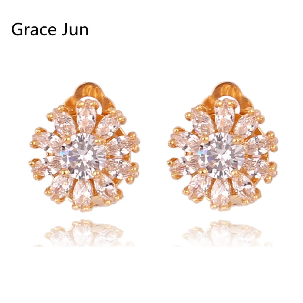 GRACE JUN AAA Cubic Zircon Round Shape Clip on Earrings Without Piercing for Women Bride Wedding Gorgeous Cushion Earrings New