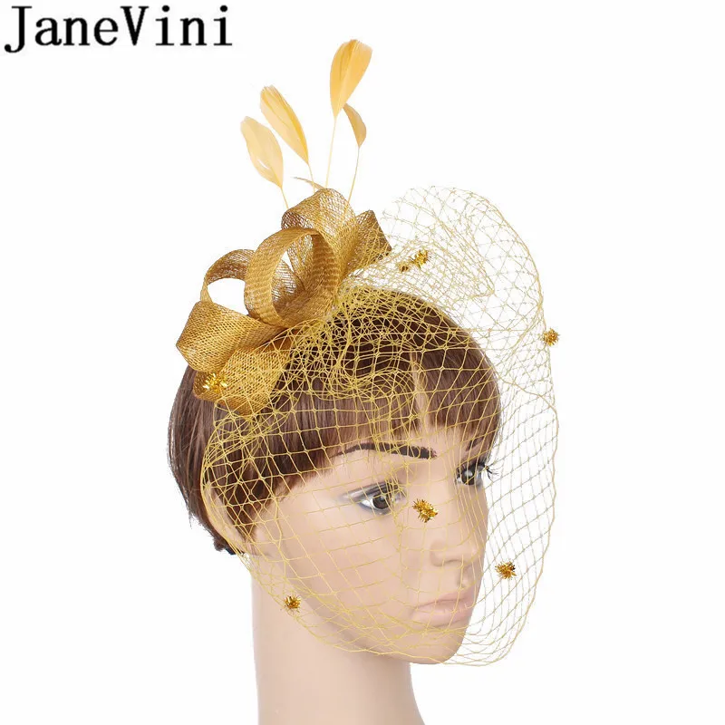 JaneVini Vintage Gold หมวกและ Fascinators ผู้หญิงเจ้าสาวหมวก Feather Hair Pin สุทธิ Birdcage Veils Afrikaanse Hoed