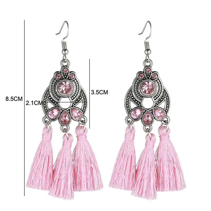 Fashion Bohemian Crystal Tassel Earrings Black White Blue Red Pink Silk Fabric Long Drop Tassel Earrings For Women Jewelry Gift