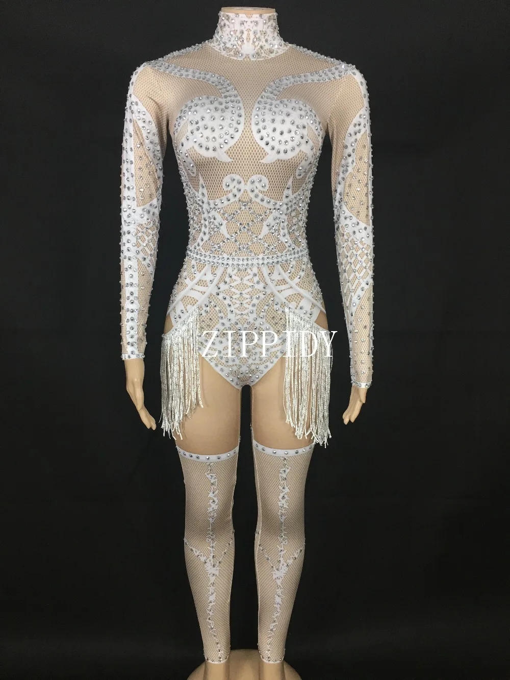 Mono elástico con borla de diamantes de imitación plateados intermitentes para mujer, ropa de fiesta de cumpleaños para mujer, monos estampados Sexy, espectáculo de baile de cantante