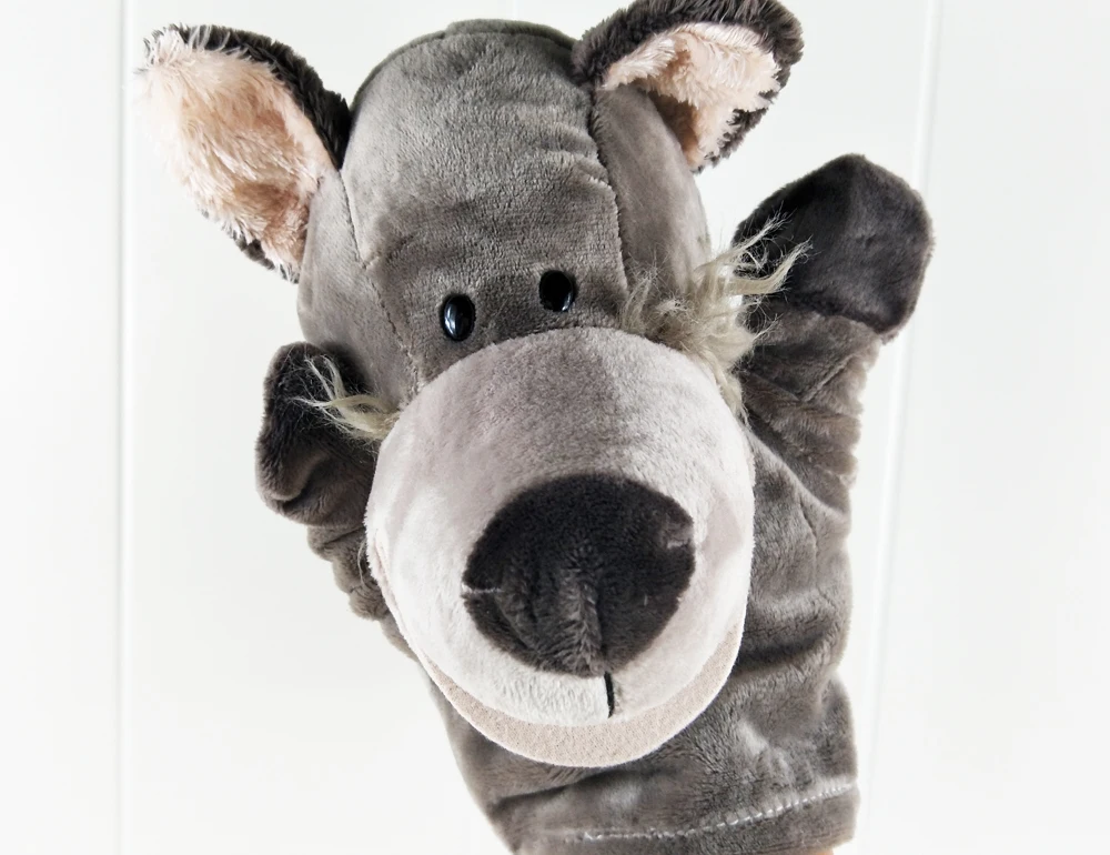 Juguete de marioneta de mano para niños, lobo gris grande, juguete de peluche