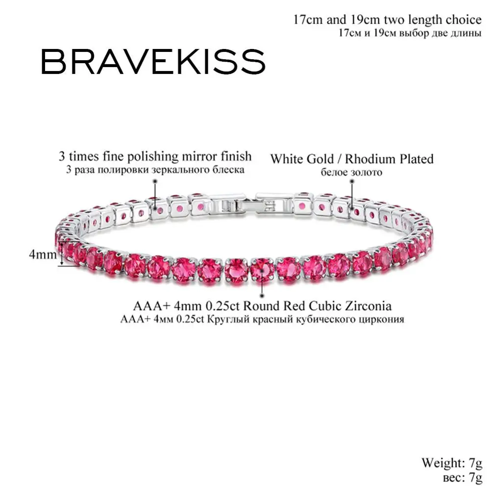 BRAVEKISS Red Tennis Bracelets for Women Men Fandhion AAA+ Cubic Zirocnia Jewelry Luxury Accessories Wedding Party BUB0097A