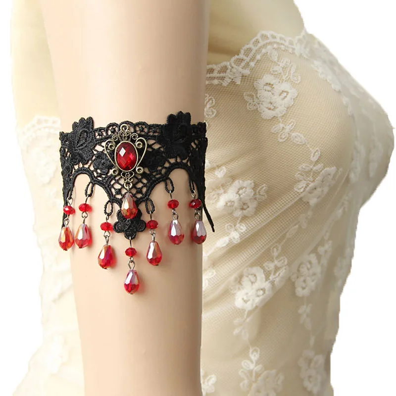 Womens Sexy Handmade Red Rhinestone Drop Flower Black Lace Arm Band Armband Armlet Bracelet Gothic Dance Party Vintage Fashion