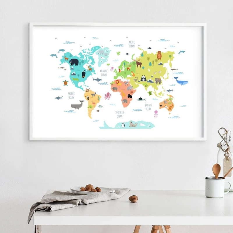 World Map with Wild Animals Prints Educational Poster Cute Cartoon Mammals Canvas Painting Nursery Picture Kids Room Wall Decor