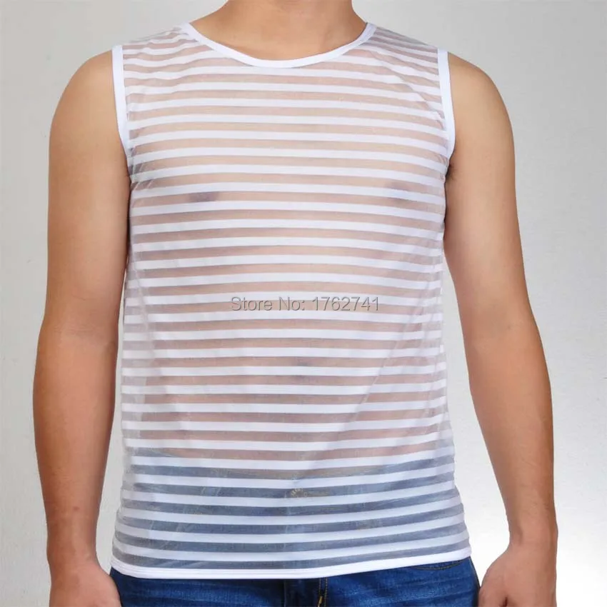 Fashion Men Mesh Stripe Vest  Male Shirt Undershirts See Through Underwear Tank Top Organza Shirt