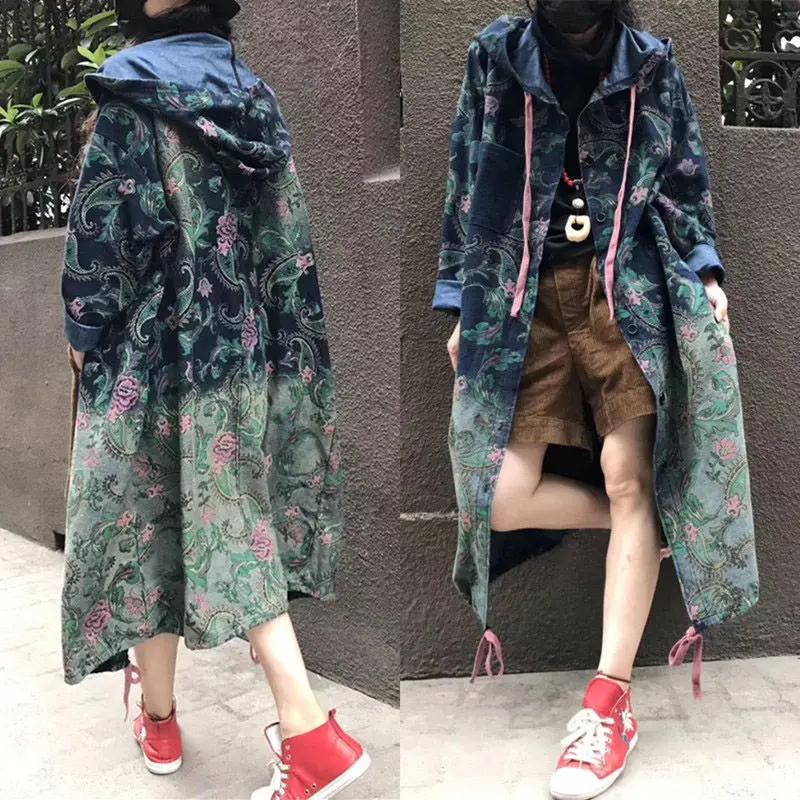 2023 nuovo Trench in Denim Harajuku per donna oversize Jeans capispalla manica lunga monopetto stampa retrò Streetwear f924