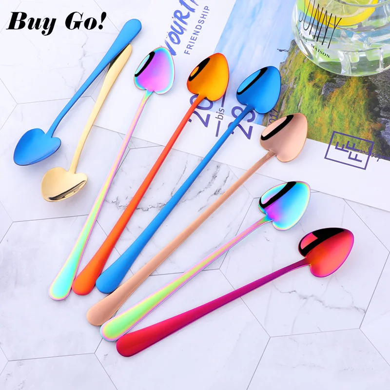 Heart-shaped Stainless Steel Long Handled Ice Spoons Rainbow Dessert Coffee Spoon Stirring Teaspoons Coffee Spoon Flatware Set