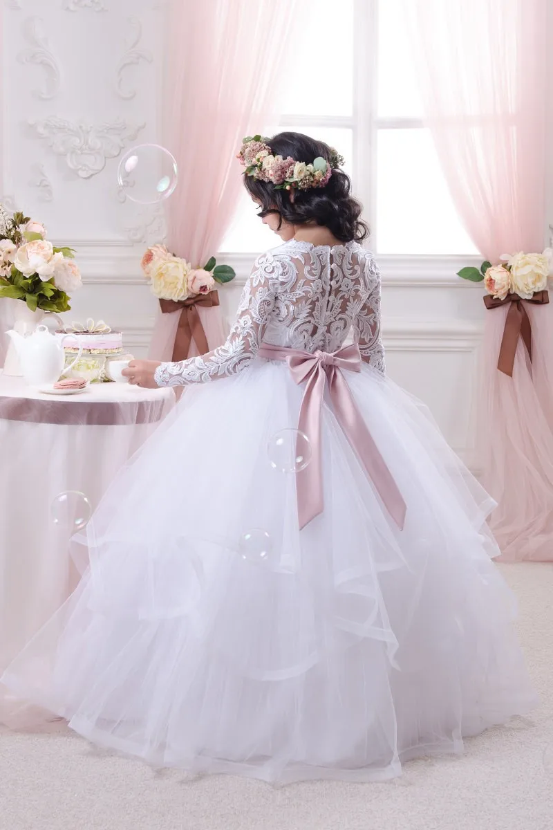 First Holy Communion Dresses for Little Baby Party Gowns Long Sleeves Lace Flower Girls Dresses for Wedding robe mariee vintage