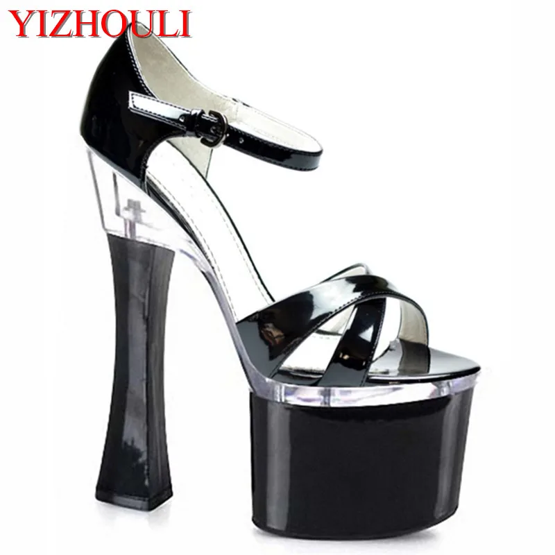 

Sexy high heels with peep-toe black heels, square root strap sandals, 18 cm high heel stage sandals