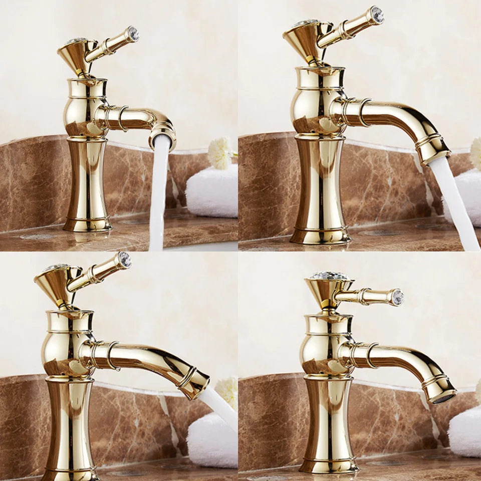 

Mirror Gold Bathroom Basin Tap Solid Brass Hot And Cold Water Mixer Taps Polished Deck Mounted 360 Degree Rotation Faucets