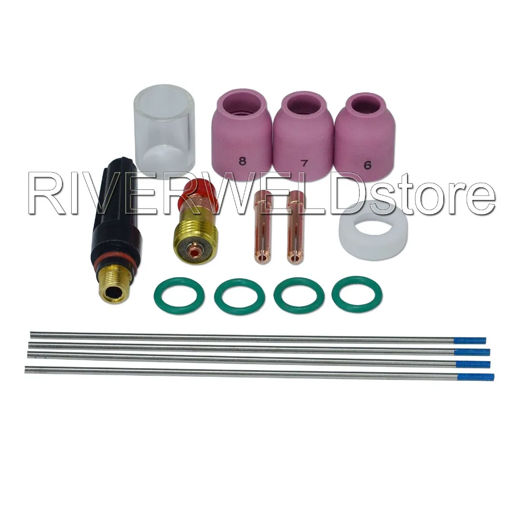 

TIG KIT Stubby Collet Body Gas Lens 3/32" 2.4mm #10 Pyrex Cup & Ceramic Nozzle Consumables For TIG Welding WP 17 18 26, 17pcs