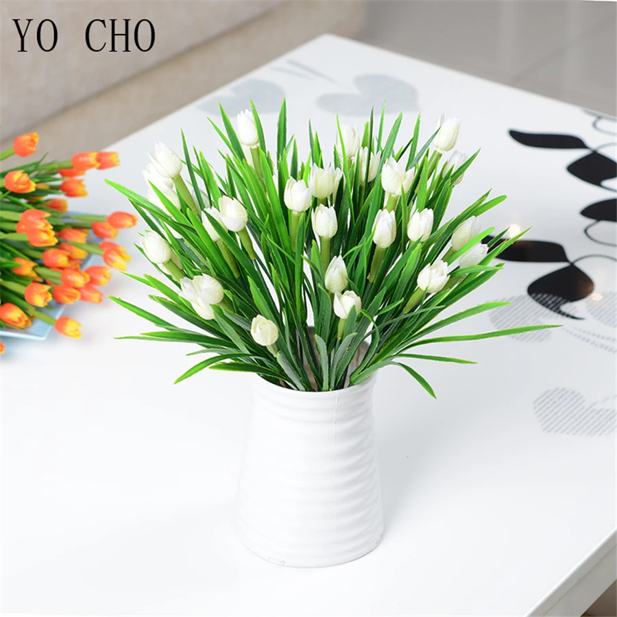 YO CHO Artificial Flowers Tulip Bonsai Wedding Home Decoration Spring Grass Plastic Tulip Plante Fake Flowers Mini White Flowers