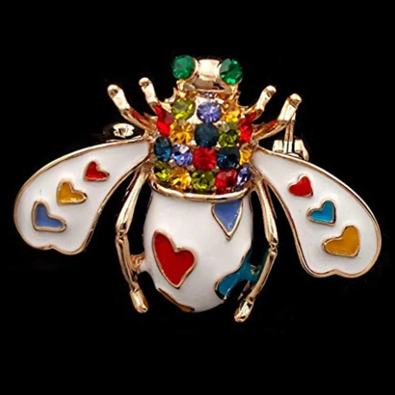 multi color hard enamel heart shape honeybee lapel pin cute rhinestone crystal bee brooch pin