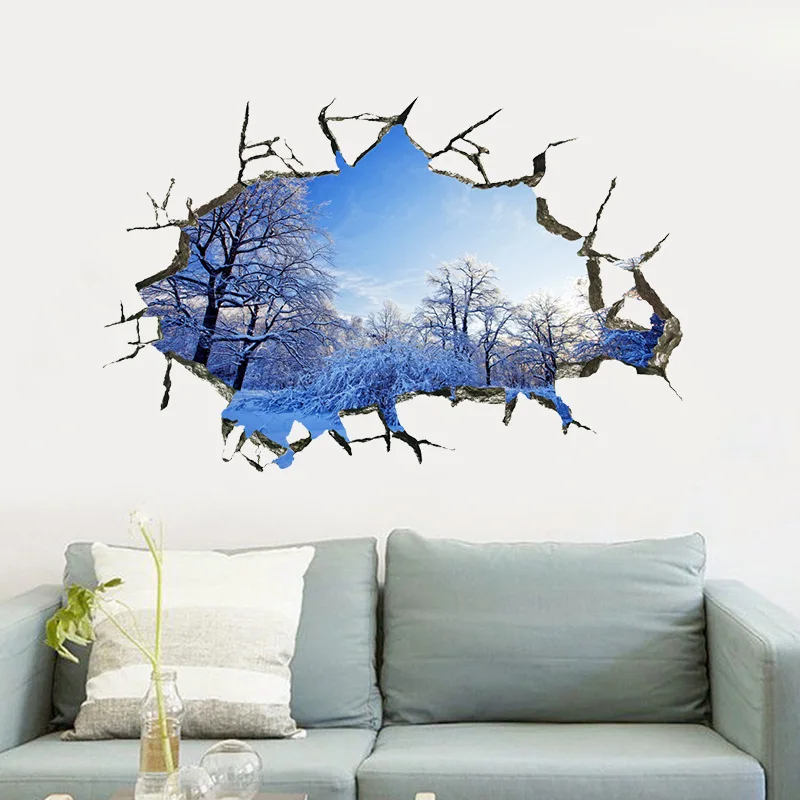 3D Brick Wall Pattern Deep Forest Tree Leaves Wall Stickers Home Decor Bedroom Ceiling Art Mural Self-adhesive Floor Wall Decals