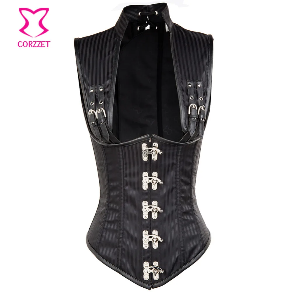 

Black Stripe Sexy Cupless Buckle Shoulder Vest Waist Trainer Corsets and Bustiers Steampunk Corset Underbust Gothic Clothing