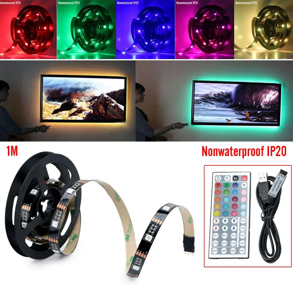 SMD RGB LED Strip Light Waterproof 5050 1M/2M 30Leds/m Tape USB Power TV Background Backlighting Kit Set W/44key 5V Controller