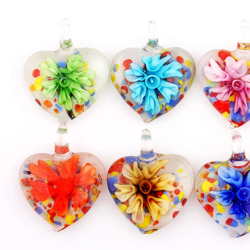 Qianbei Fashion Handmade Murano Lampwork Glass Mix Color Flower Heart Pendants For Necklace Wholesale 6pcs