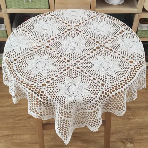 수제 크로셰 레이스 라운드 식탁보, 빈티지 라운드 테이블 토퍼, 90cm (35.5 인치)