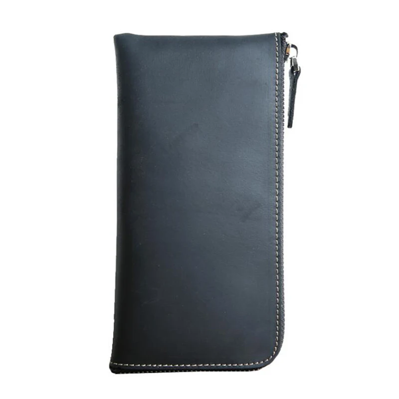 100% Genuine Crazy Horse Leather Vintage Mens Wallets Zipper Long Clutch Bag Cowhide Leather Purse Coin Bag ID Card Case For Men