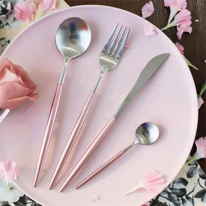 Luxury Pink Golden Dinnerware Set Gold Stainless Steel Cutlery Set Wedding Silver Tableware Diner Knife Fork Tablespoon Teaspoon