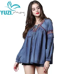 Shirt Frauen 2018 Yuzi. kann Boho Neue Denim Frauen Bluse V-ausschnitt Lange Laterne Hülse Vintage Stickerei Lose Blusa Feminina B9261