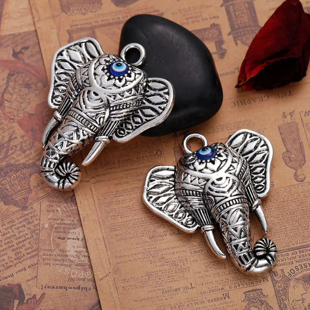 DoreenBeads Zinc Based Alloy silver color Pendants Elephant Head Evil Eye Enamel DIY 55mm x 47mm(1 7/8\