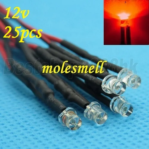 무료 배송 25pcs 3mm 12v 플랫 탑 레드 LED 램프 라이트 세트, 사전 유선 3mm 12V DC 유선 3mm 빅/와이드 앵글 레드 12v led