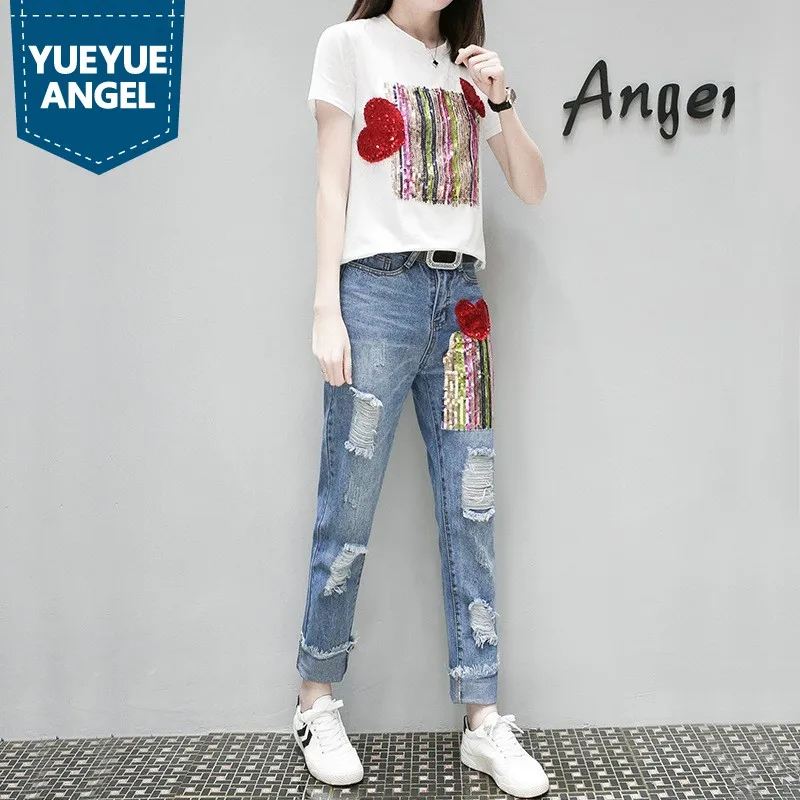 Womens Jeans Hot Fashion Sequin Straight Beading Female Full Length Distressed  Hole Ripped Hip Hop Harem Denim Trousers Pants