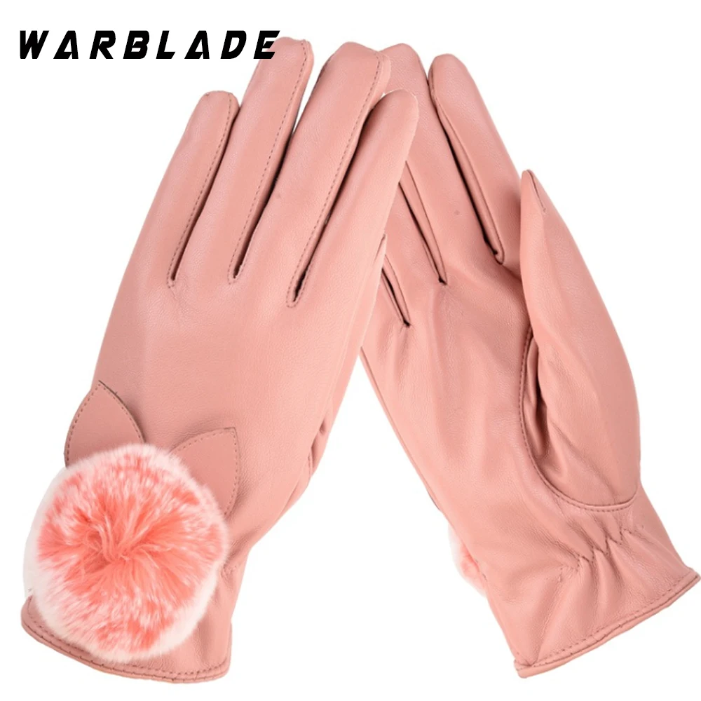 Fashion Women Warm Thick Winter Gloves Leather Elegant Girls Brand Mittens Free Size With Rabbit Fur Female Gloves WarBLade