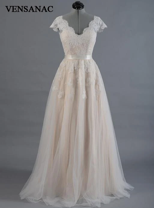 

VENSANAC New A Line Embroidery V Neck Long Evening Dresses Short Sleeve Elegant Draped Sash Lace Party Prom Gowns