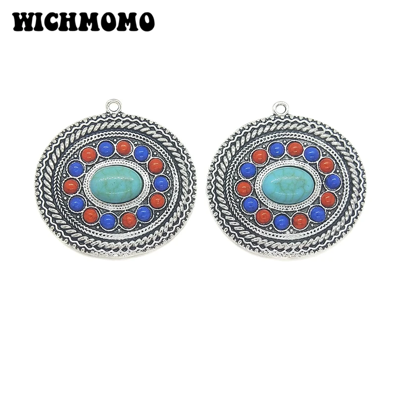 

New 2pieces/bag 43*44MM Retro Zinc Alloy Inlaid Acrylic Beads Oval Charms Pendant for DIY Jewelry Necklace Accessories Gifts