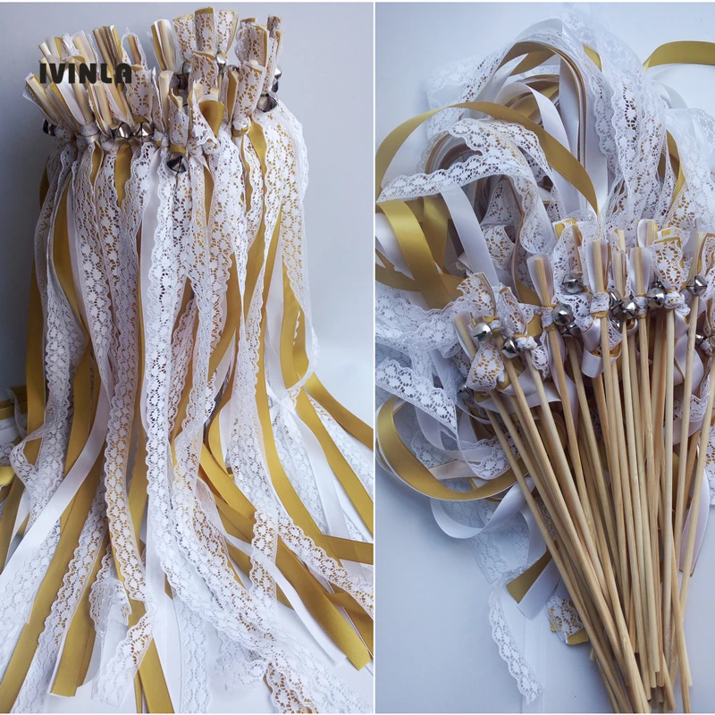 Newest 50pcs/lot White Lace wedding wands with sliver bell for wedding decoration