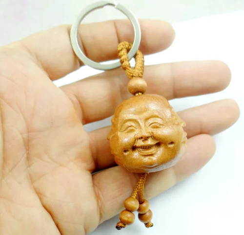 Natural mahogany three-dimensional engraving Buddha wood keychain realistic key ring jewelry gift for men and women 1pc