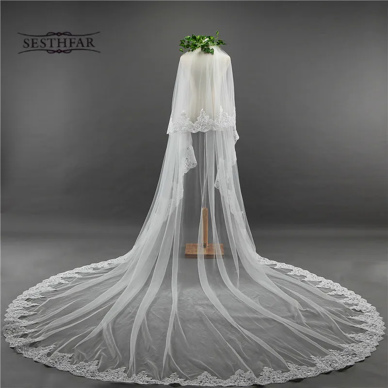 Bridal Veil Long 3.5M Two Layer Lace Edge Wedding Veil with Comb for  Tule Mariage Wedding Accessories