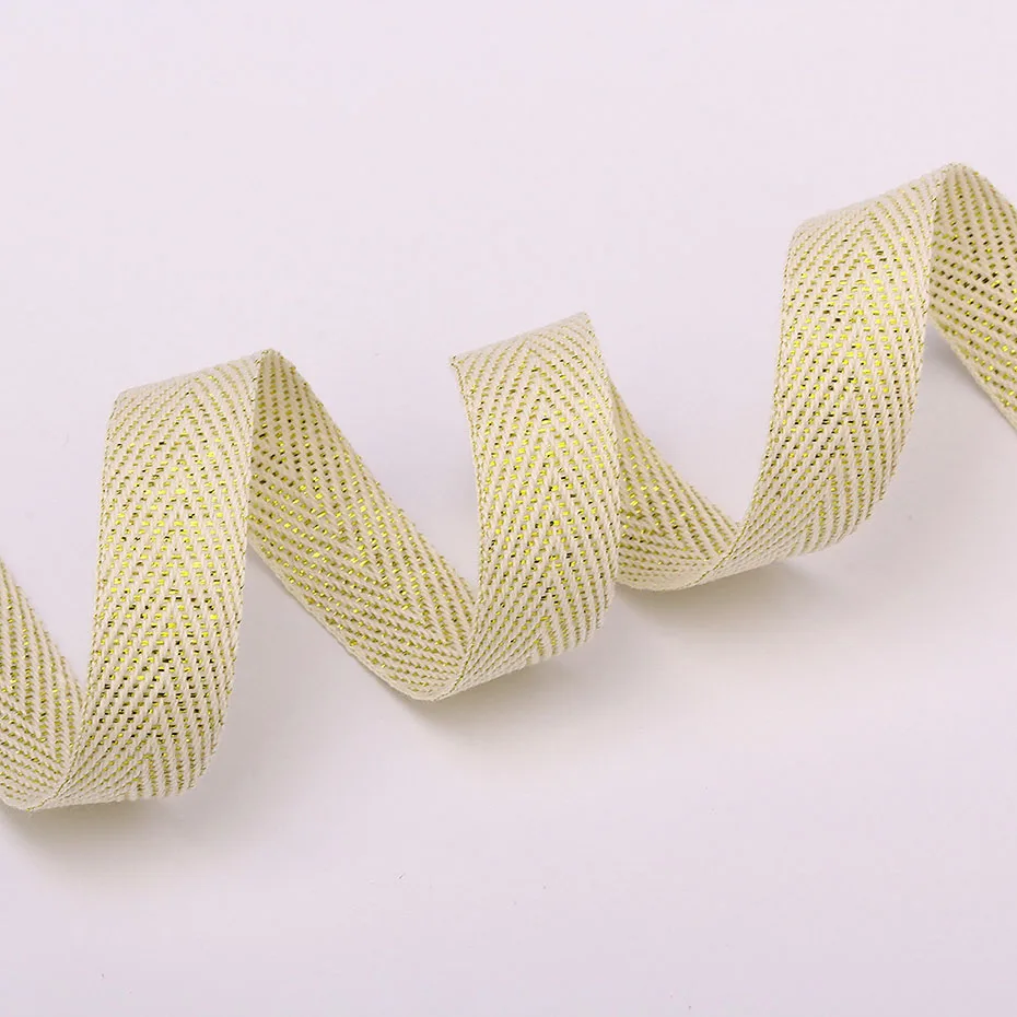 50 Yards/Roll 10mm/15mm/20mm/25mm 100% Cotton Herringbone Twill Silver/Gold Wire Beige Webbing Tape Garment Sewing Ribbon