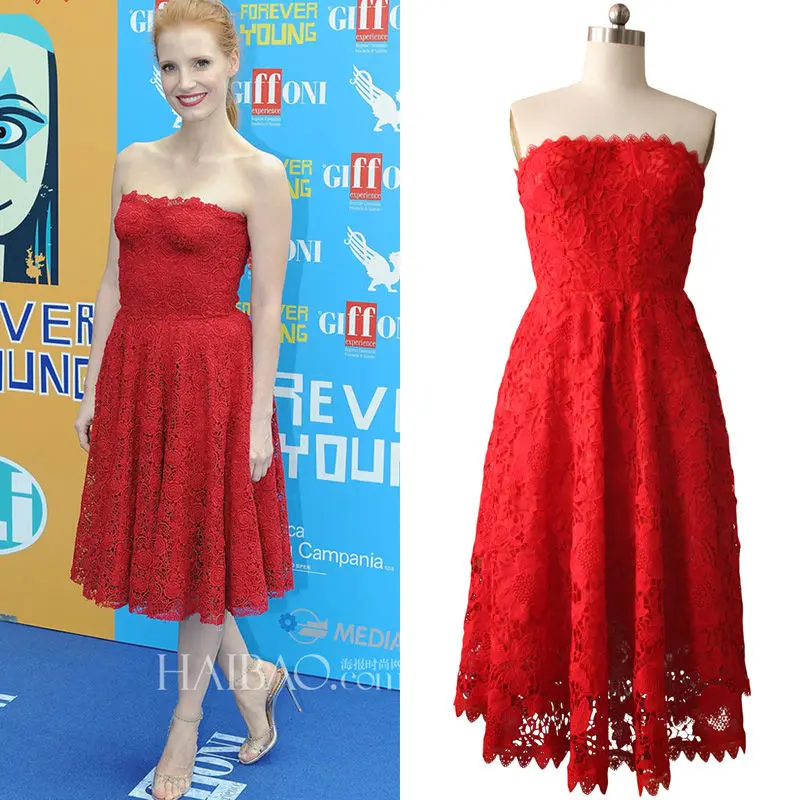 Women New 2014 A-Line Knee Length Stunning Red Lace Strapless Pleated   Bridesmaid  Party Gradduation Summer Girl's Dress