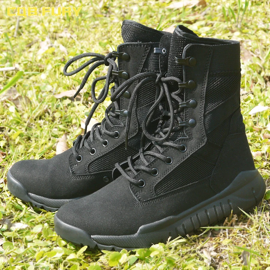 CQB.FURY Summer Super Light Breathable Mens Black Suede Leather Boots Wearable Mesh Boots