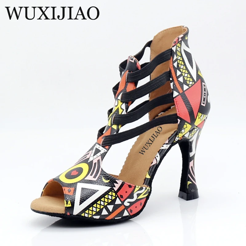 WUXIJIAO New Featured print Dance Shoes For Women Latin Salsa Dance Boots Paty Ballroom Dance Shoes Women Shoes 9CM KS-028